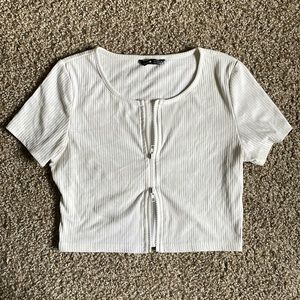 White Double Zip Up Cropped Top